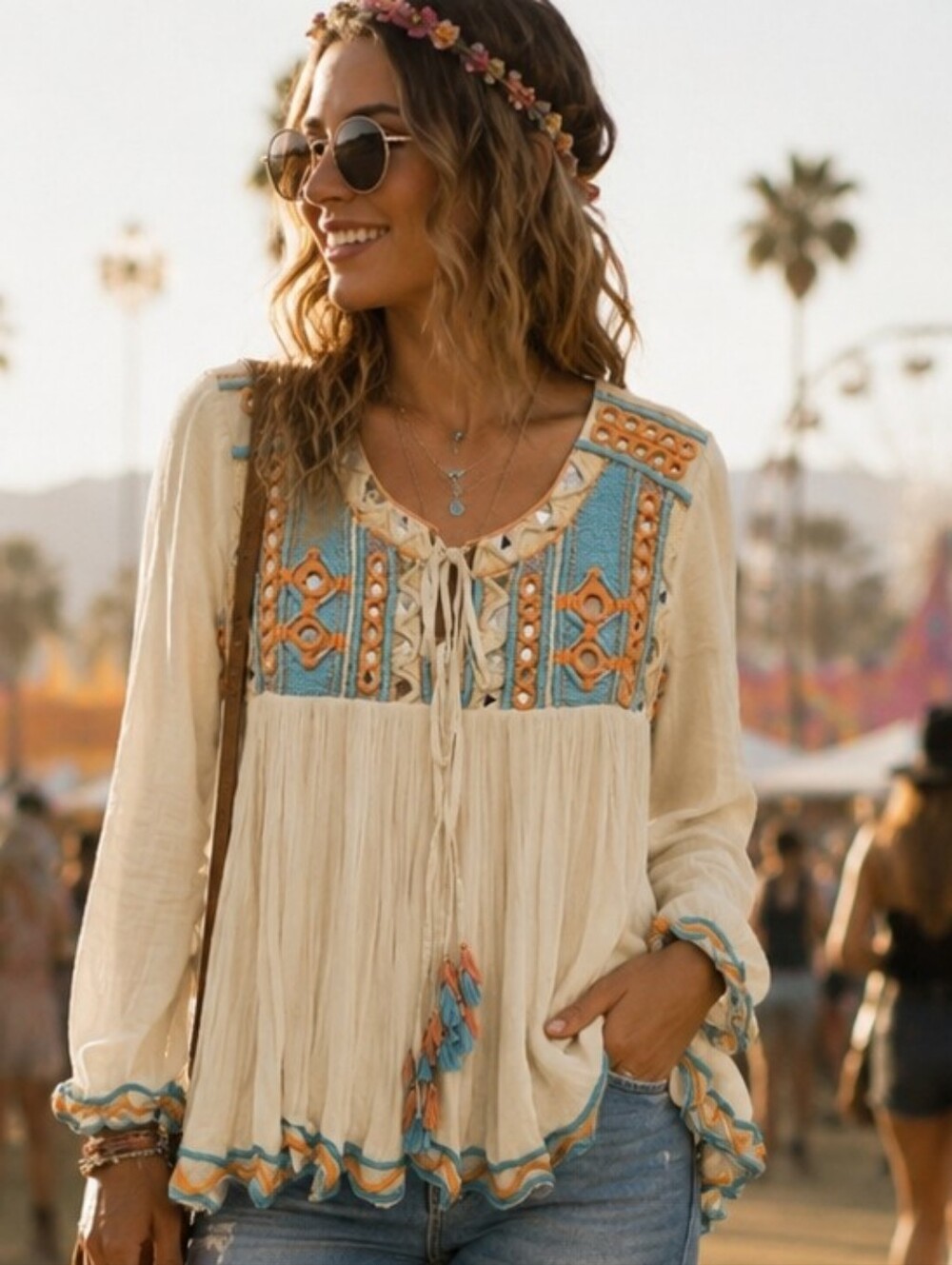 RAGA Embroidered Boho Peasant Top – Size XS